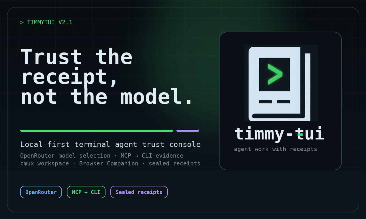 TIMMY TUI hero screen showing the trust receipt launch message and terminal UI.