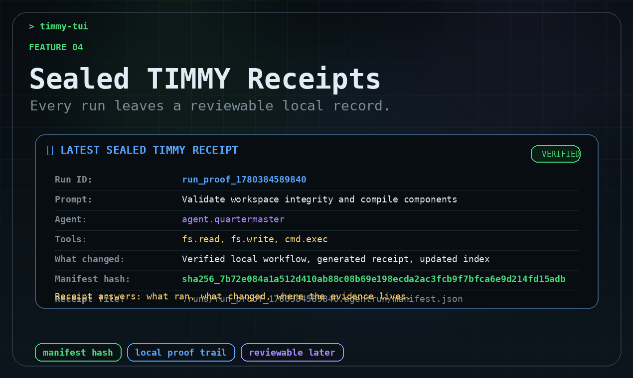 TIMMY sealed receipt screen showing verified receipt fields.